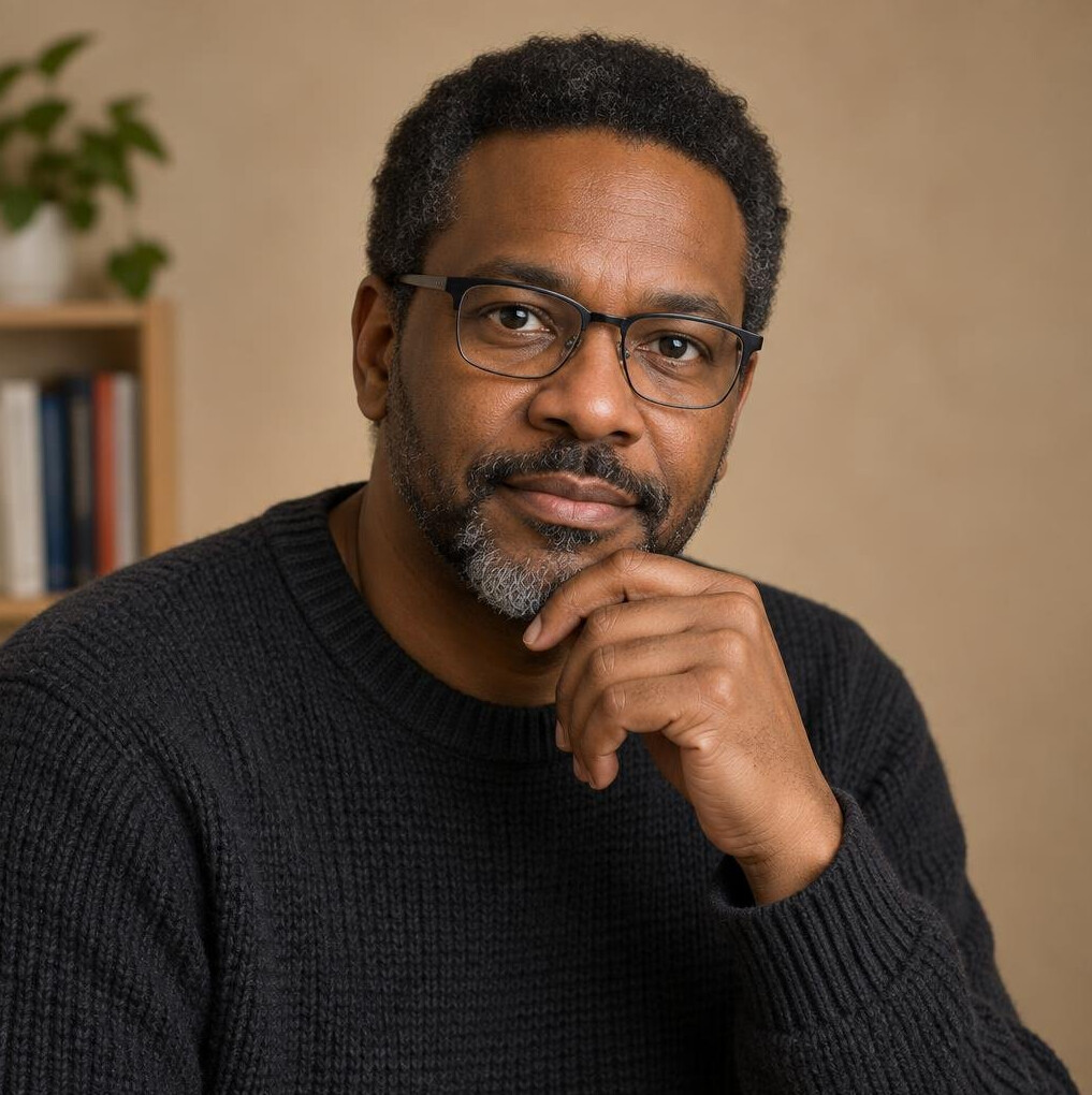 Studio portrait of a man researcher in a knit sweater