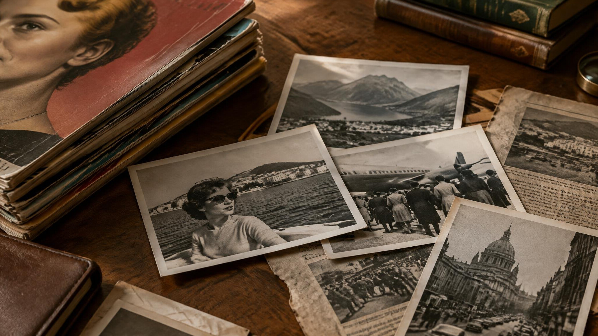 Stack of vintage magazines and photographs on a wooden surface