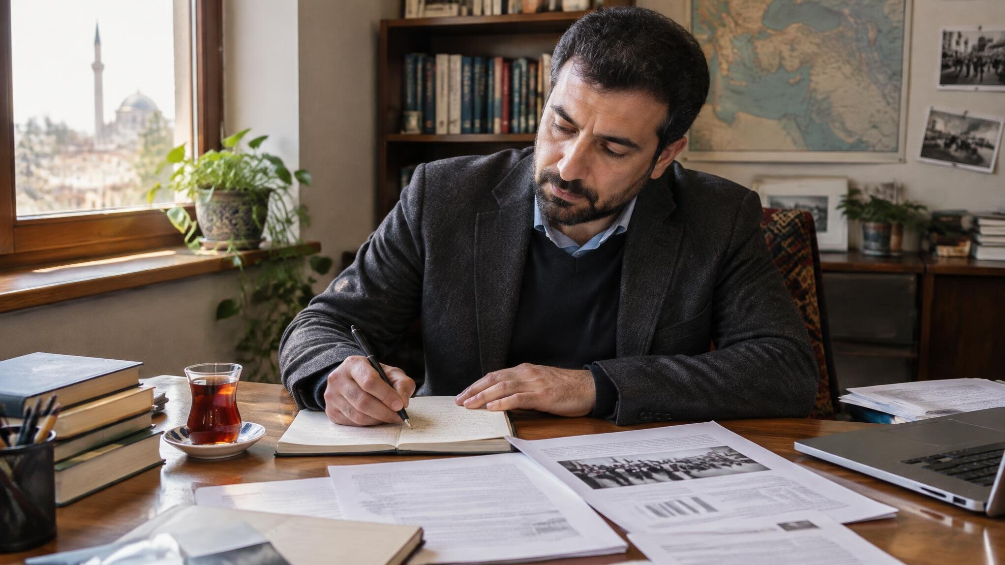 Researcher writing handwritten notes at a wooden desk