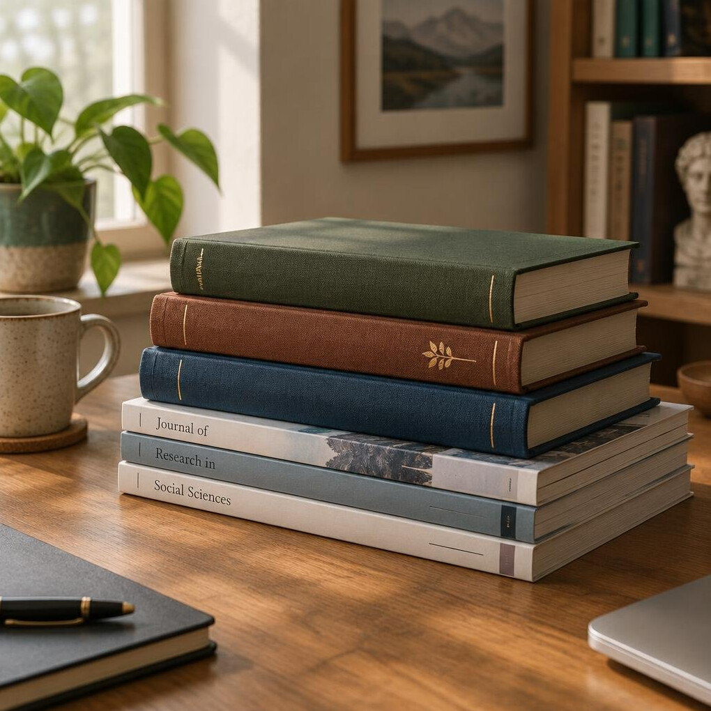 Stack of books and research journals on a wooden desk