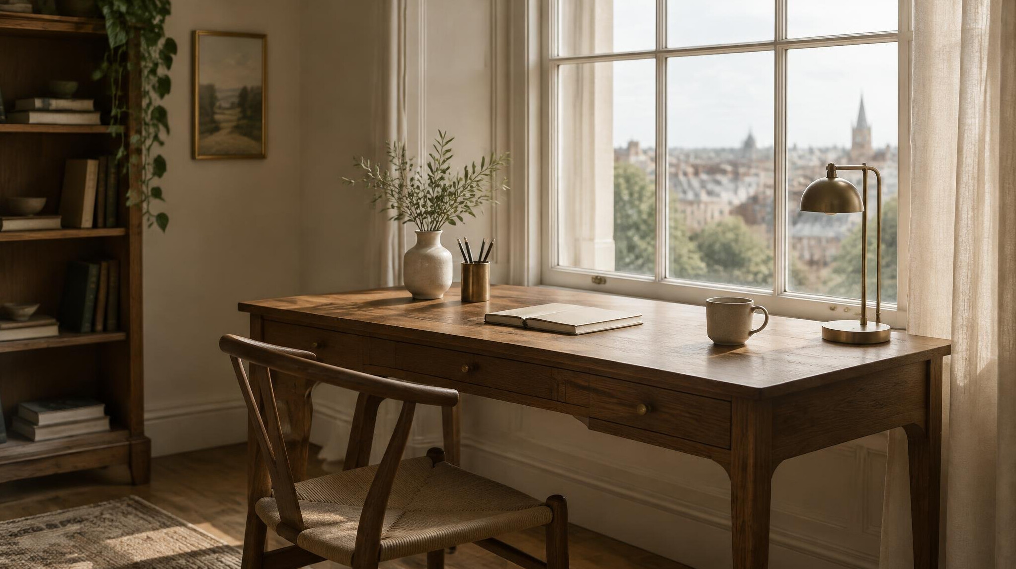 Elegant writing desk by a window with soft natural light