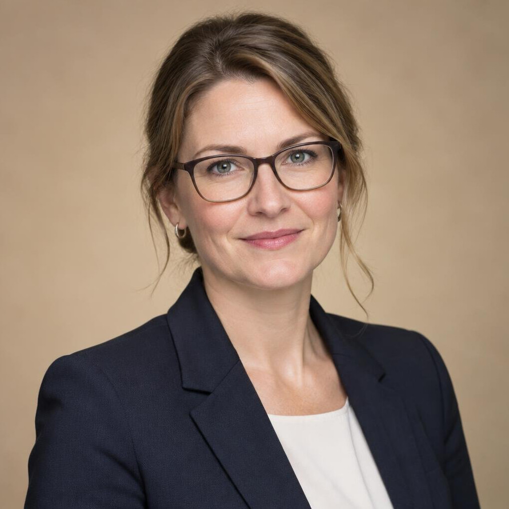 Studio portrait of a woman researcher with glasses