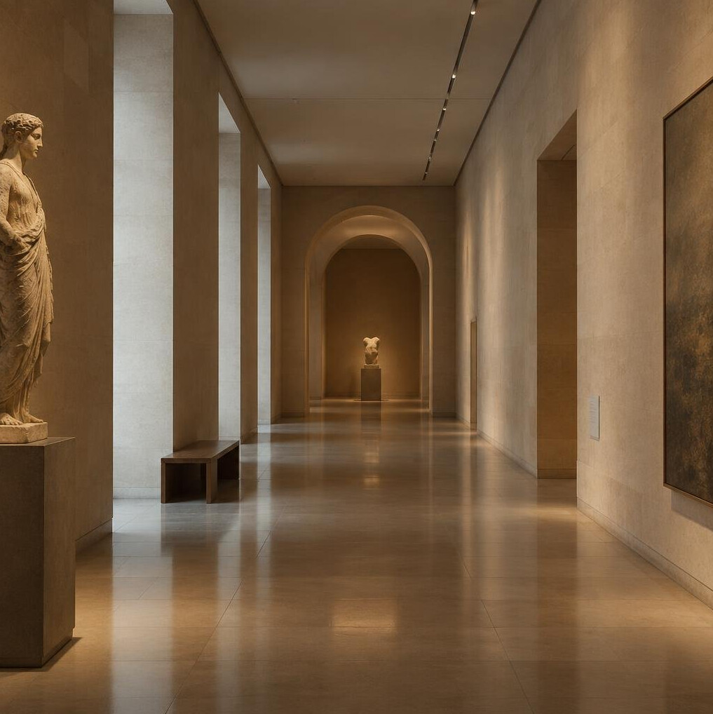 Empty museum corridor with soft ambient lighting