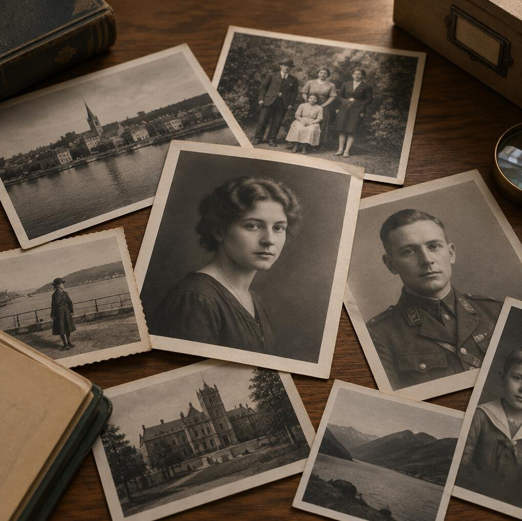 Close-up of archival photographs spread across a table