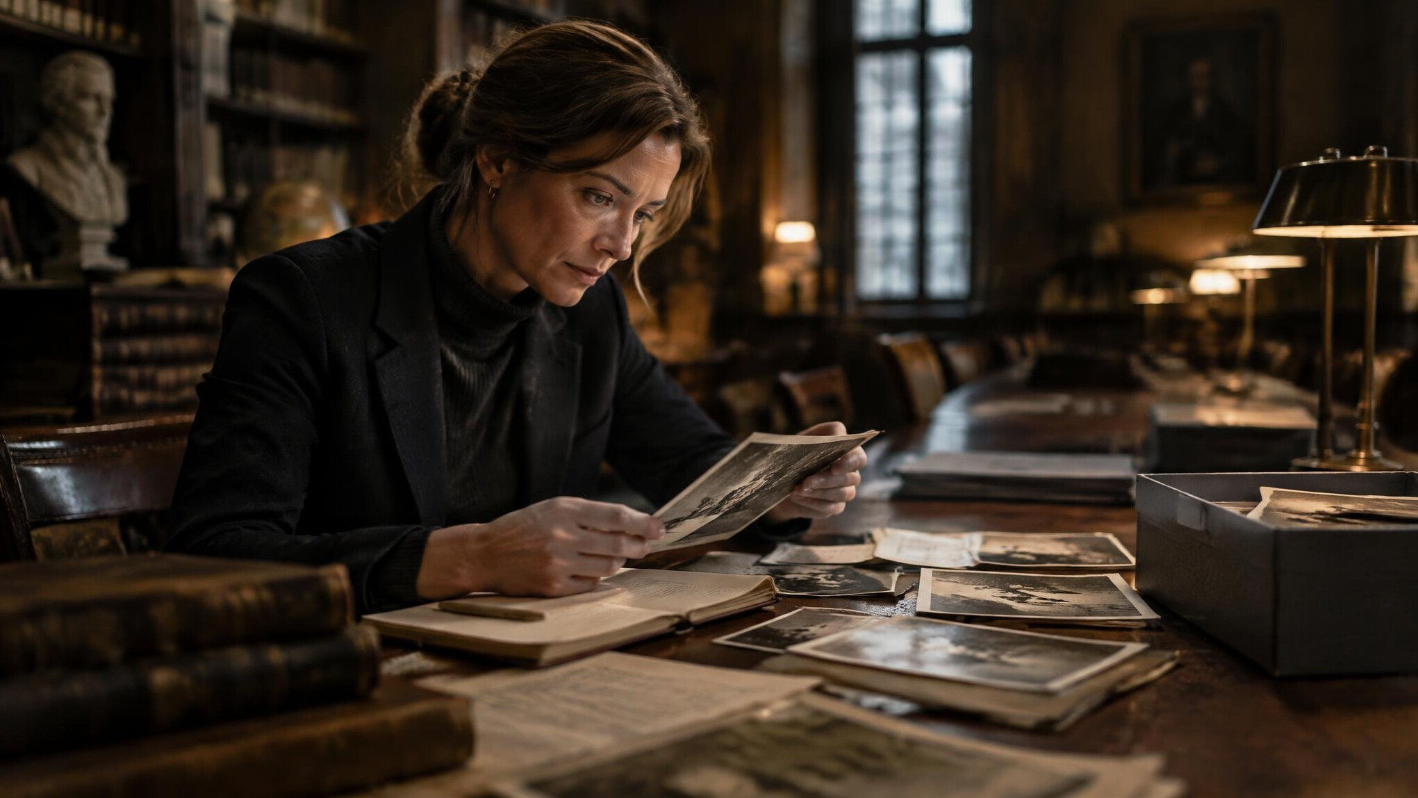 Researcher examining archival photographs in a dim, atmospheric library